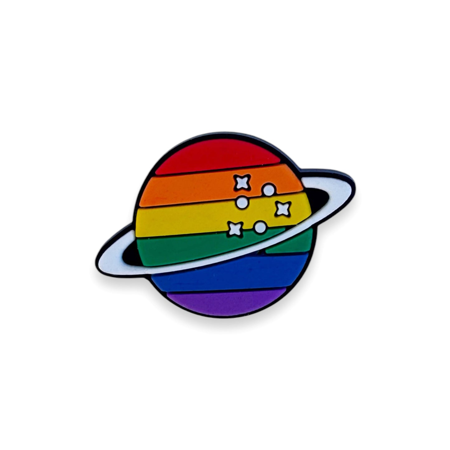 Saturn planet clog charm filled with pride colored stripes and some cute little stars to make it pop.