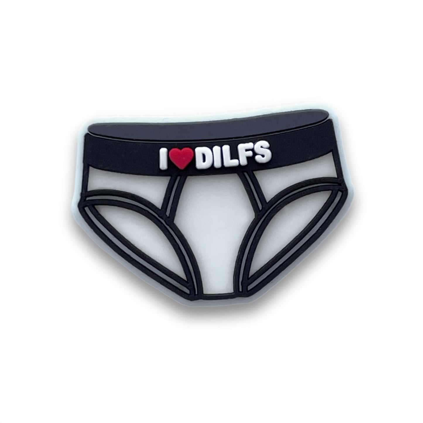 Clog charm cartoon of men's white brief underwear reads: I heart Dilfs, on the waistband. The heart is a red heart icon.