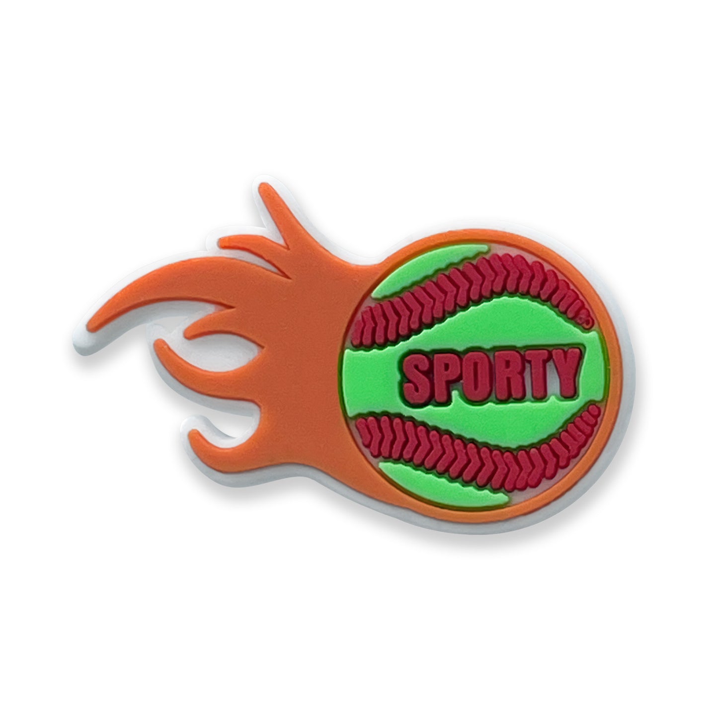 Green softball clog charm with red thread and the word Sporty, with an orange flame shooting off the left side.