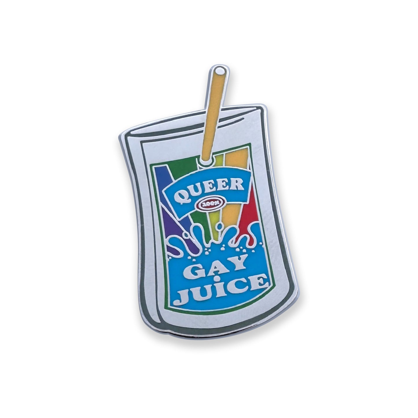 An L G B T Q lapel pin in the shape of a juice pouch, with a colorfully drawn label that reads: Queer Gay Juice.