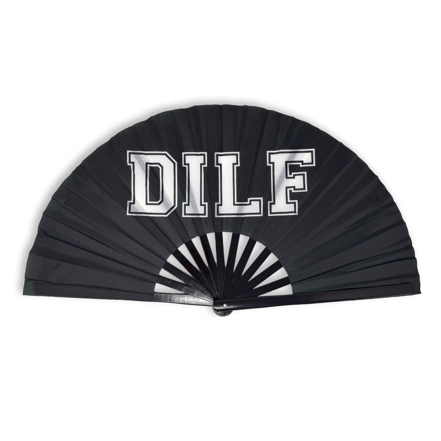 Black folding hand fan with Dilf printed in white text, from Twisted Egos.