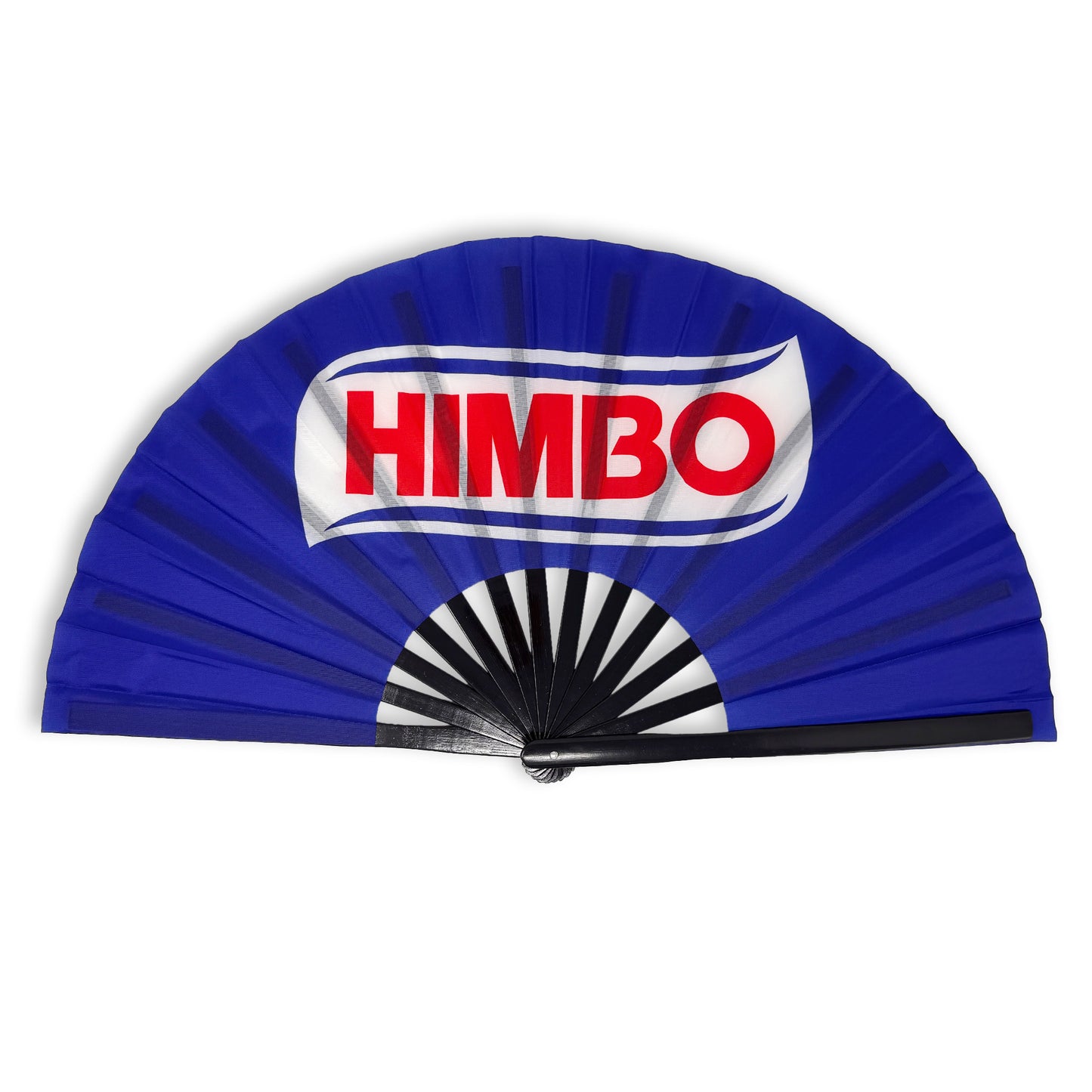 A Himbo hand fan in royal blue with HIMBO written in red, inside a white swoosh.