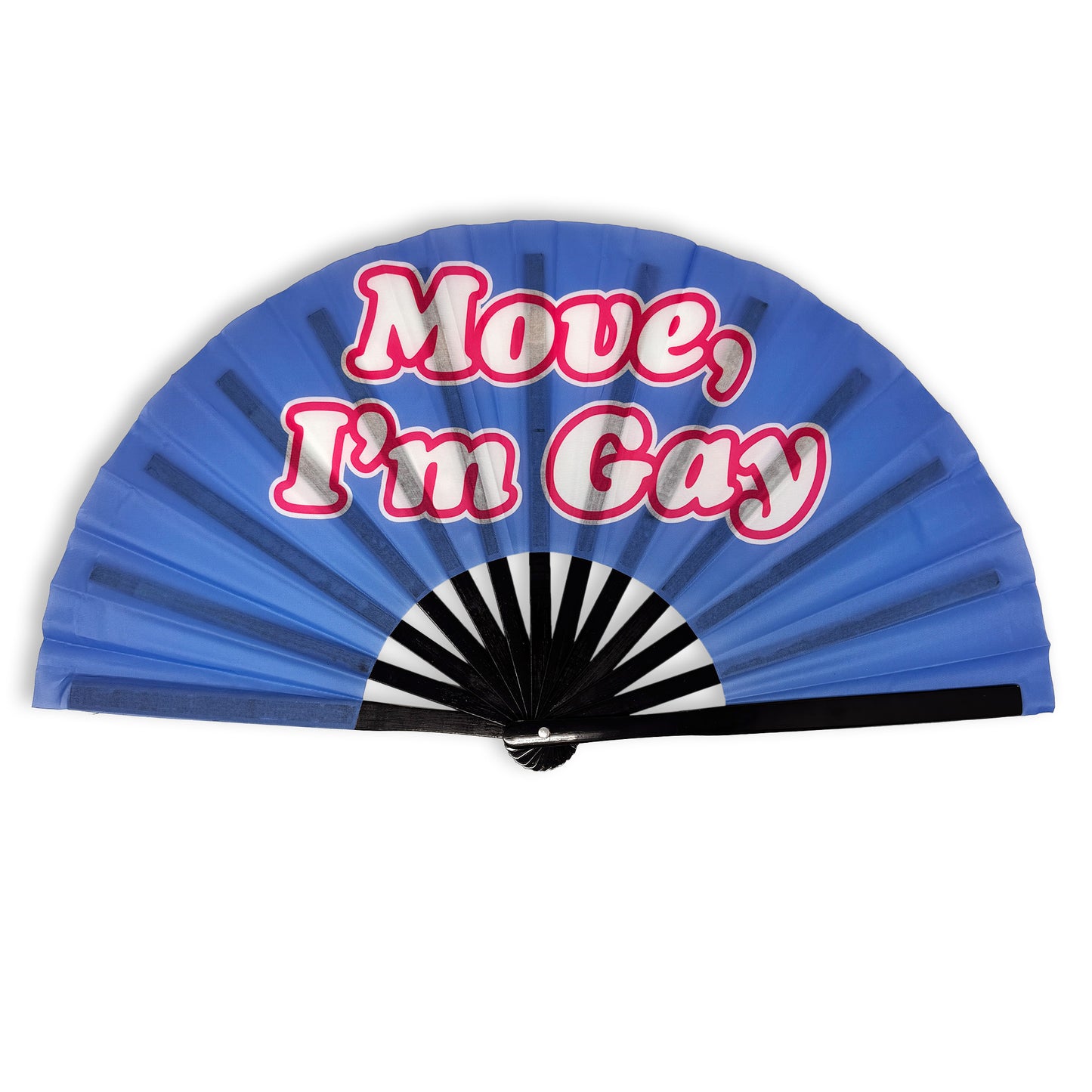 Queer hand fan in blue with white text outlined in hot pink that reads: Move, I'm Gay.