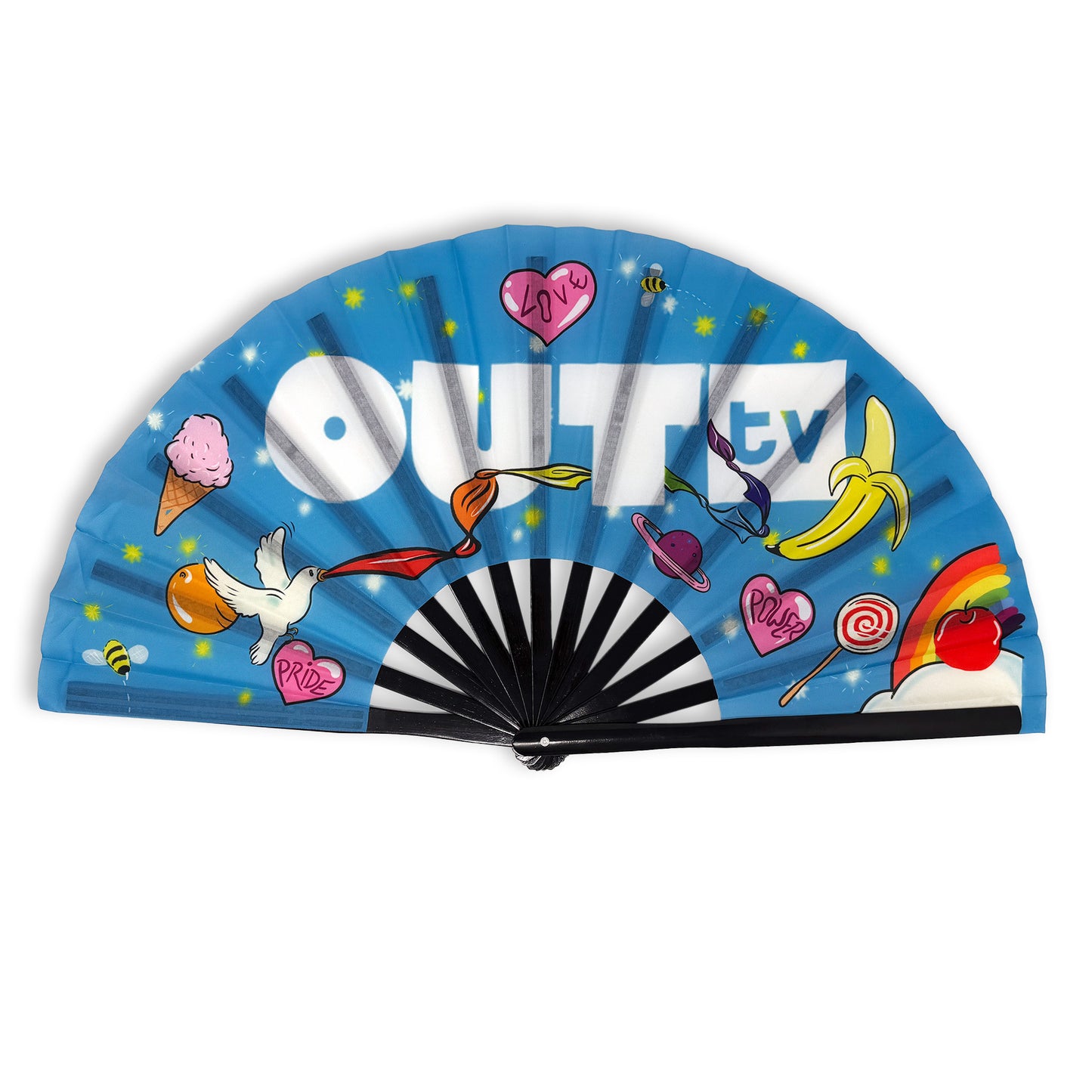 Blue L G B T Q hand fan with OUT TV logo, and icons including fruit, a rainbow, and hearts with text: love, power and pride.