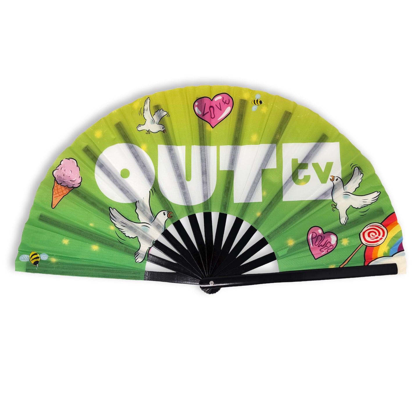 Out TV logo on a brightly colored hand fan. Includes drawn hearts, a rainbow, lollipop, bee, ice-cream cone and dove icons.
