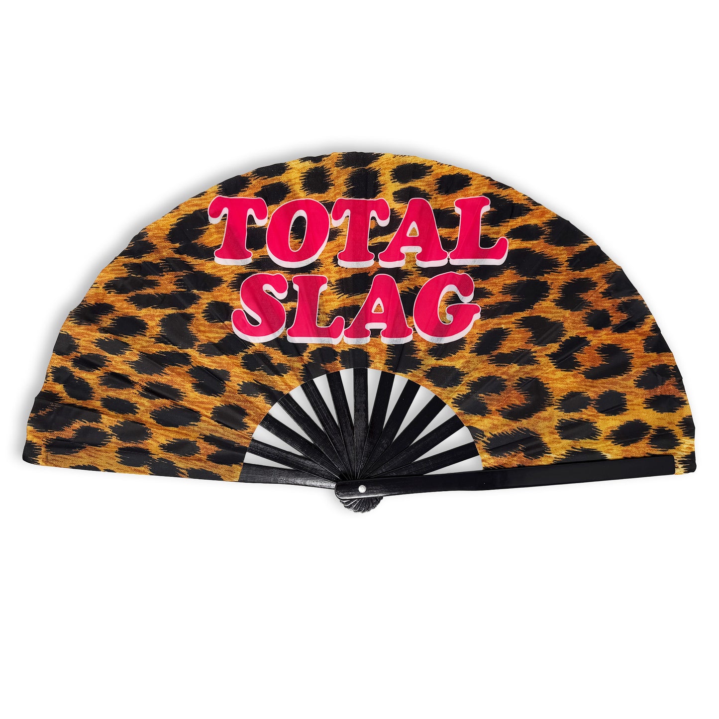 Bold leopard print hand fan with the words: Total Slag, written on it in hot pink.