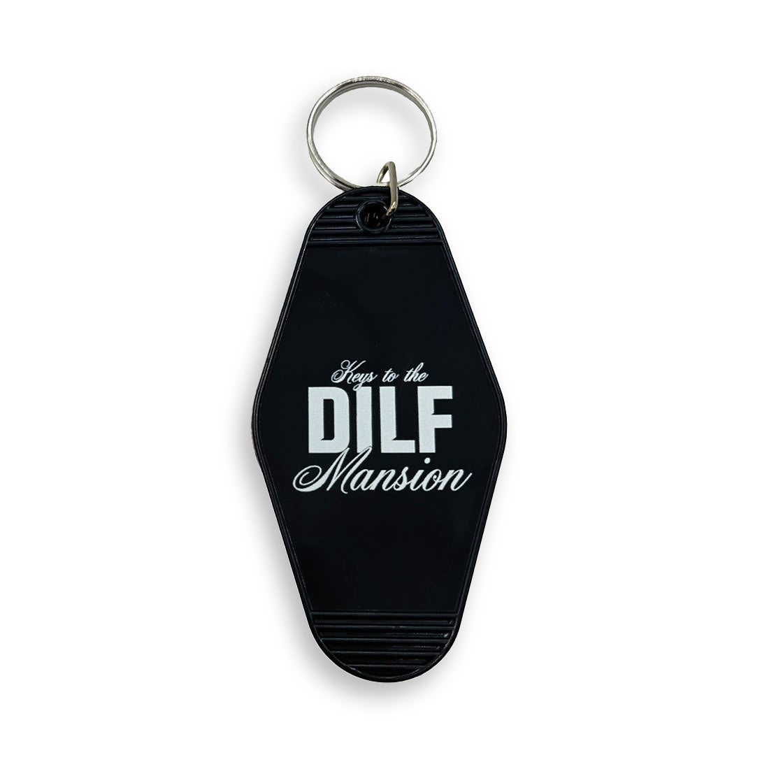 For the Love of Dilfs, black vintage motel keychain with the words: Keys to the Dilf Mansion, written in white.