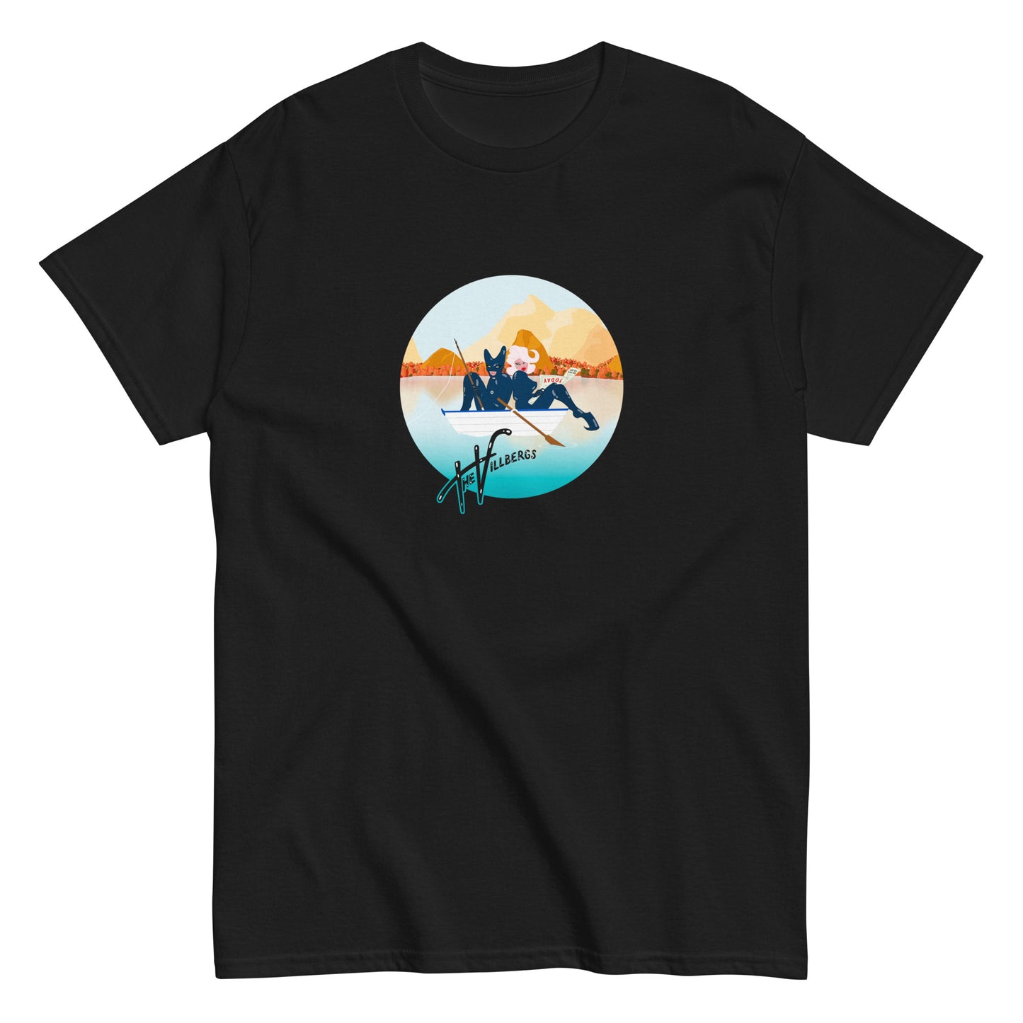 Black T-shirt, flat view. Villbergs in a row boat.
