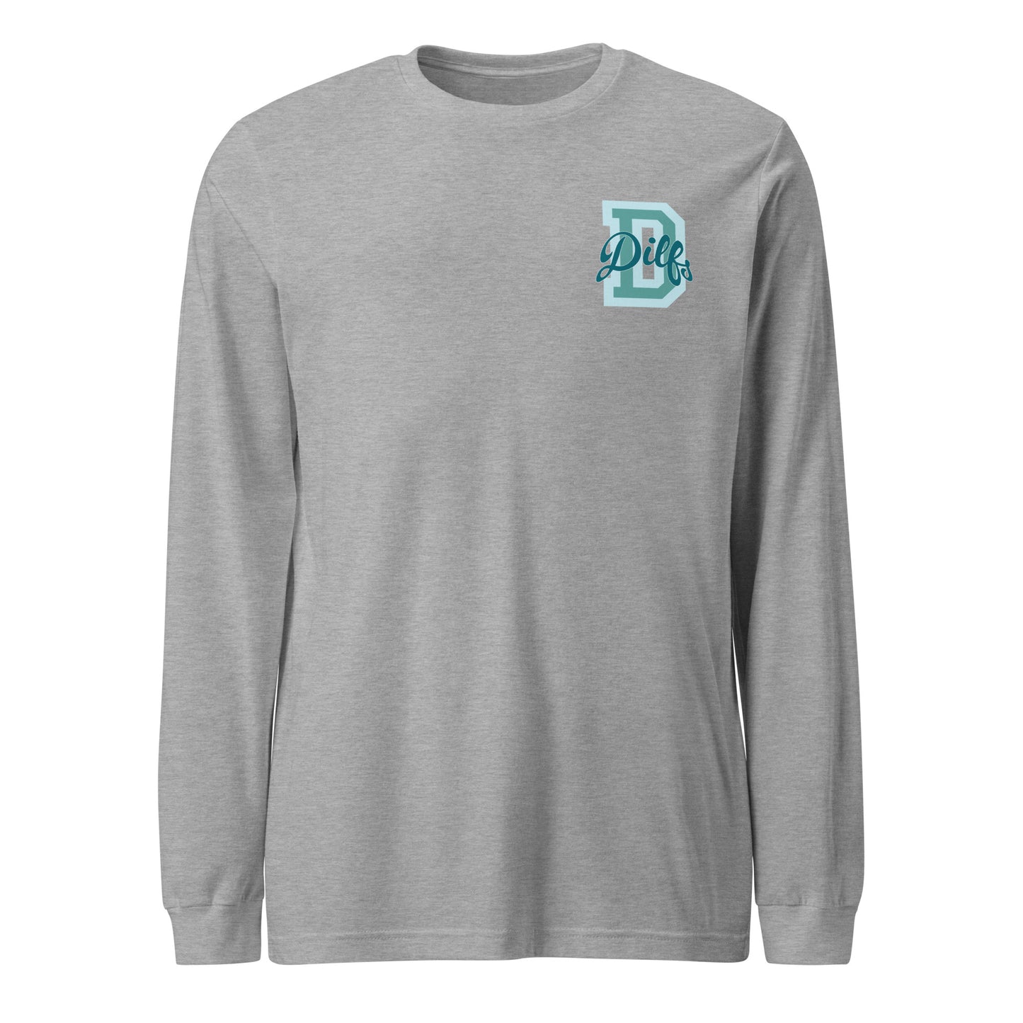 Athletic heather shirt, teal blues varsity graphic.