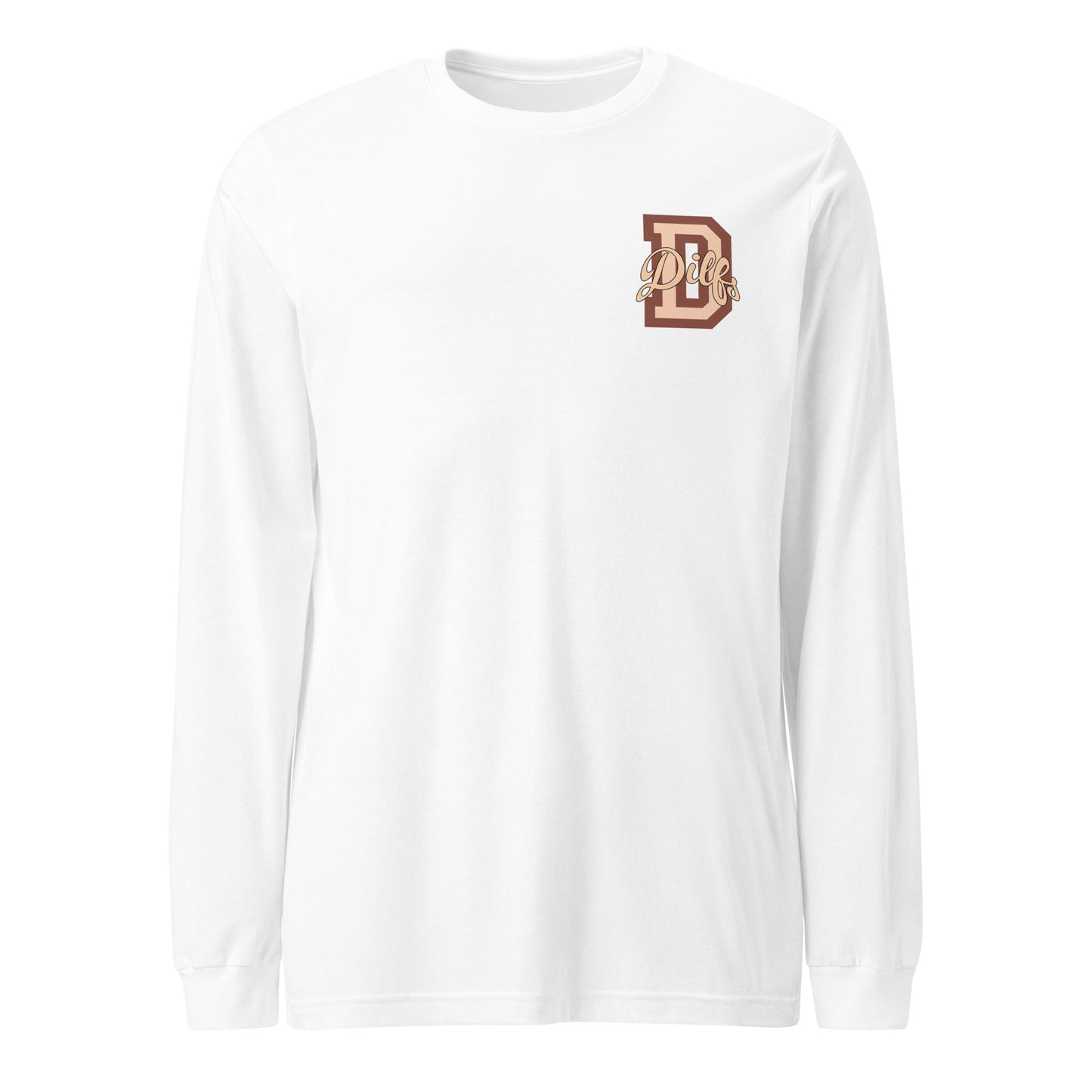 White shirt, with varsity letter graphic in tan and brown.