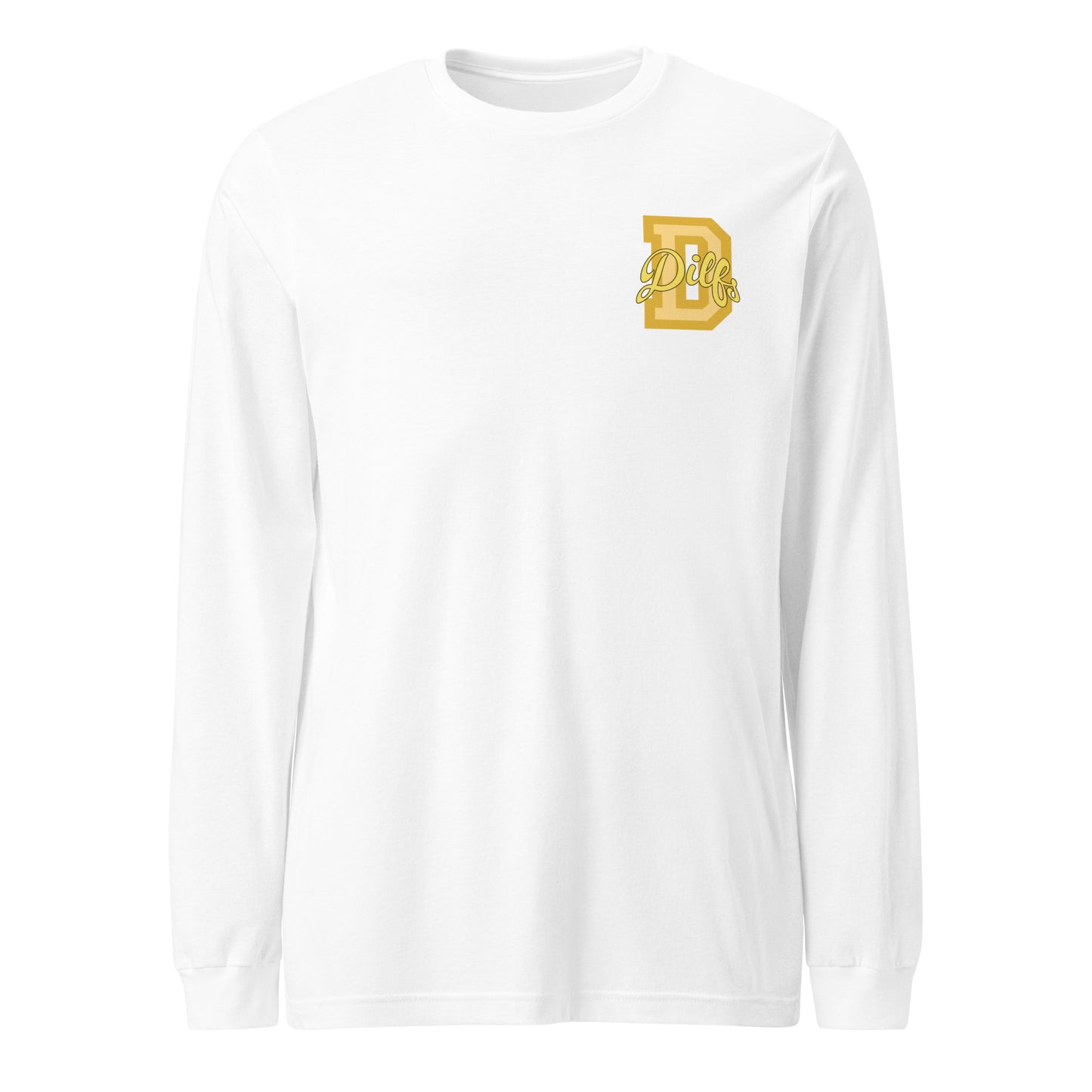 White shirt, yellow and gold varsity graphic.