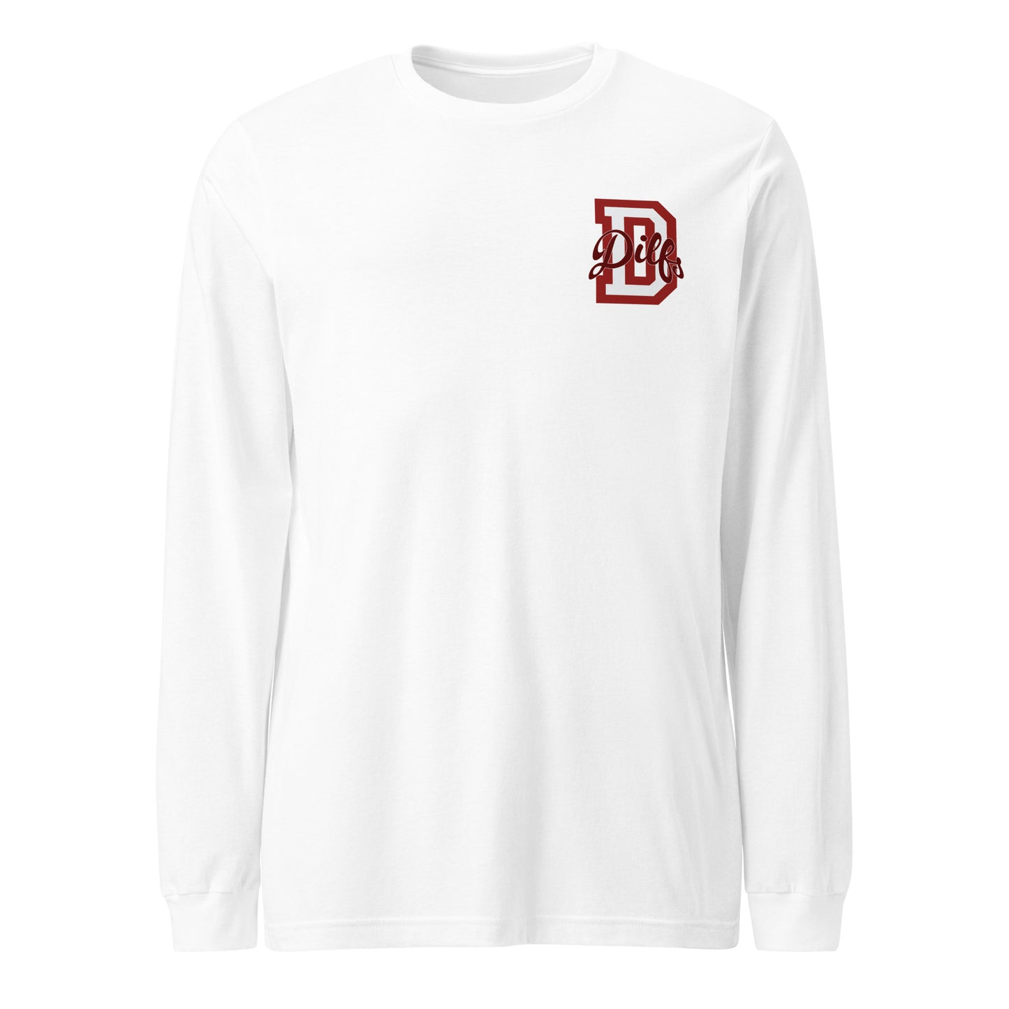 White shirt, red and light grey varsity graphic.