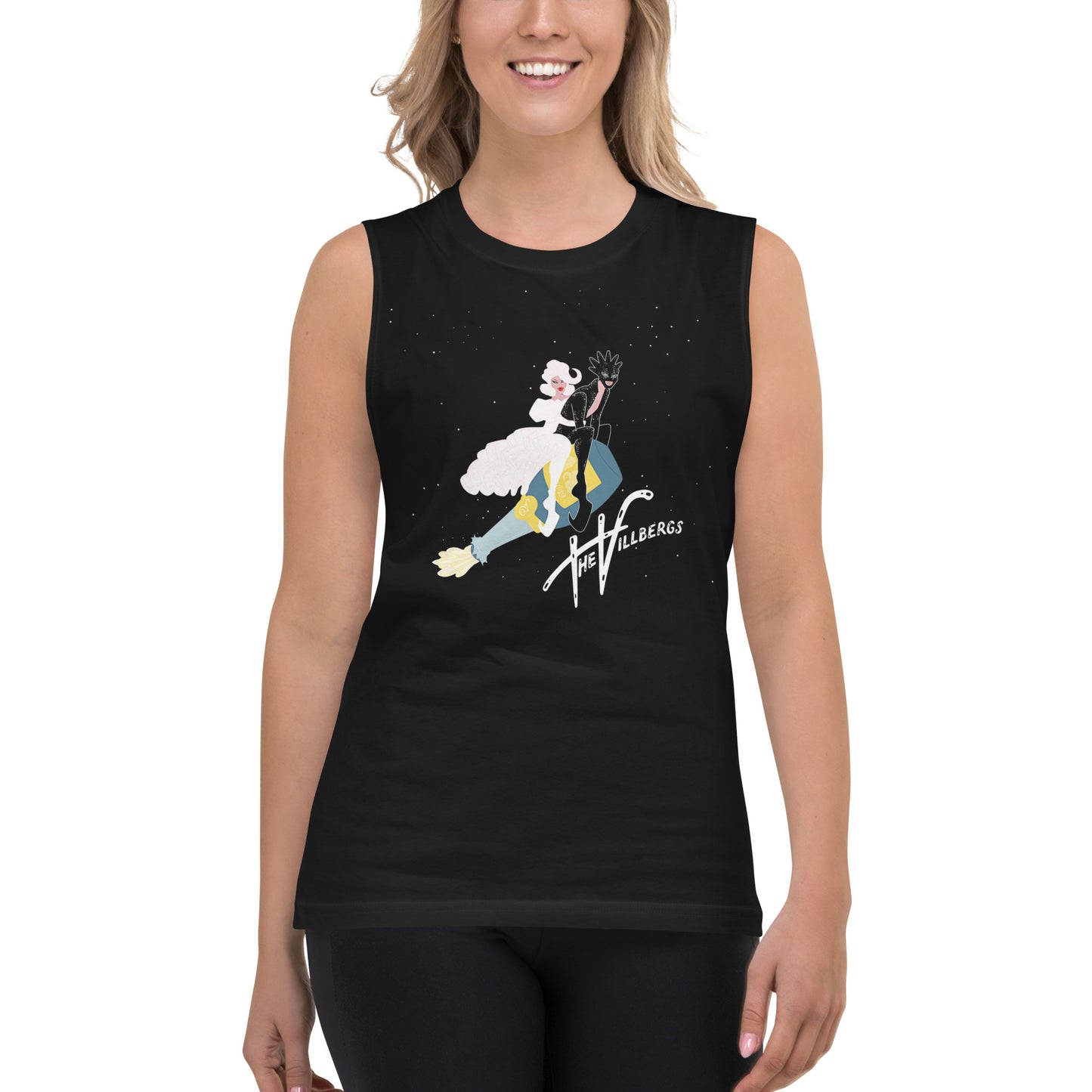 Female model wears black Villbergs champagne muscle shirt.