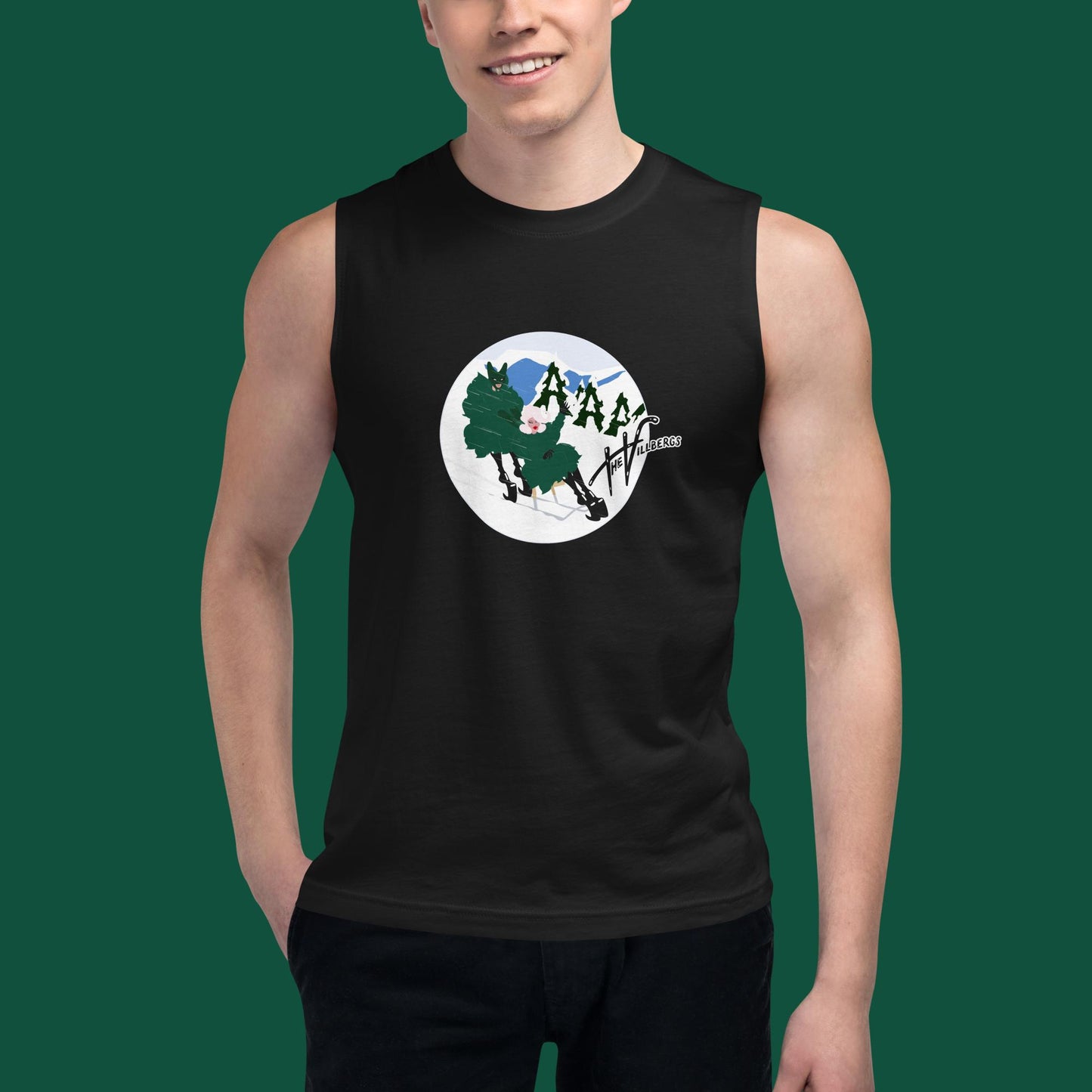 Black tank with cartoon inside a circle of Mr pushing Mrs on a chair-ski down a snowy hill. Includes Villbergs wordmark.