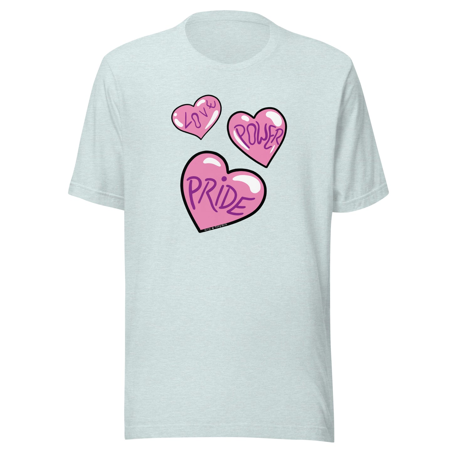 Ice blue heather T-shirt, with the 3 pink Love, Power and Pride hearts.