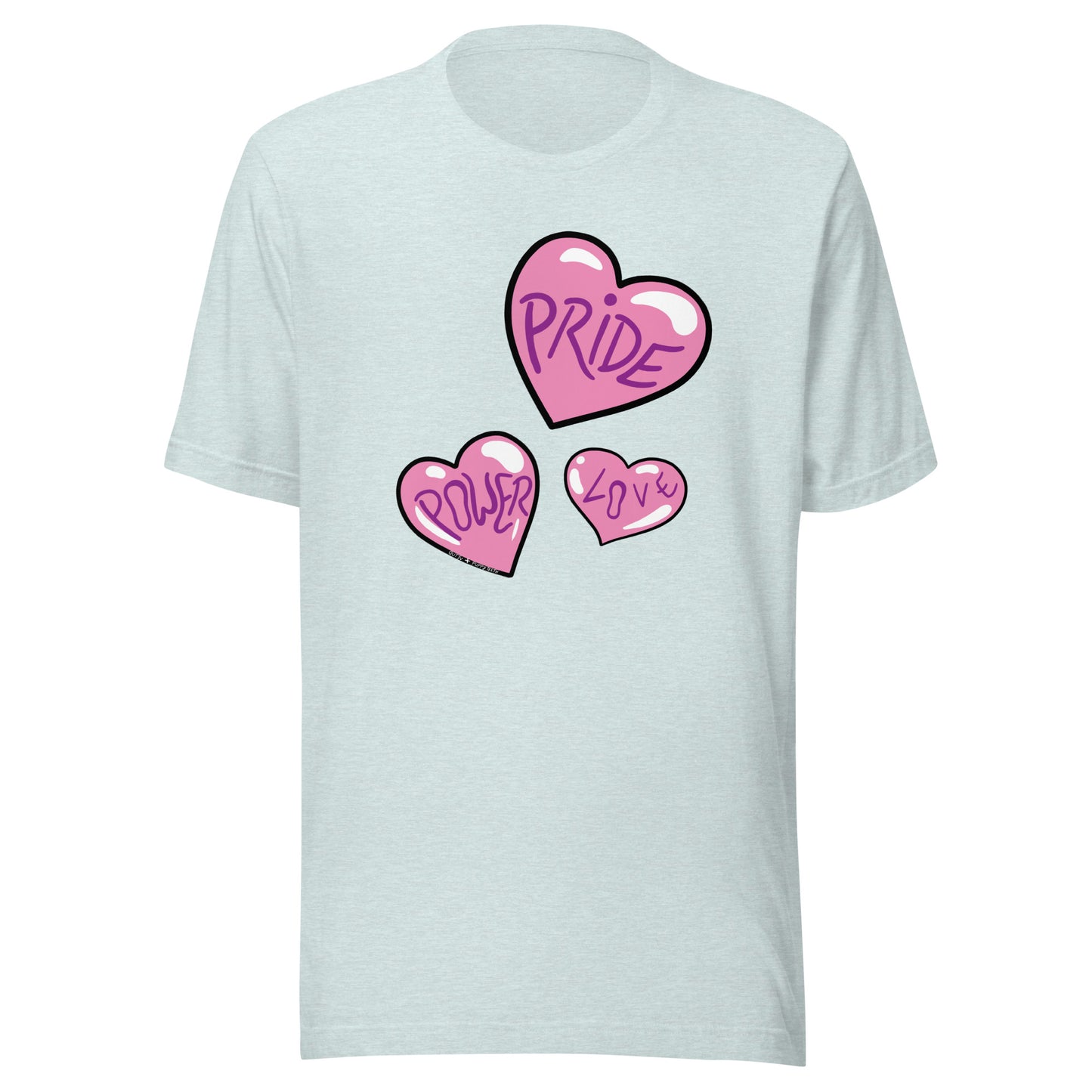 Ice blue heather T-shirt, with the 3 pink Pride, Power and Love hearts.