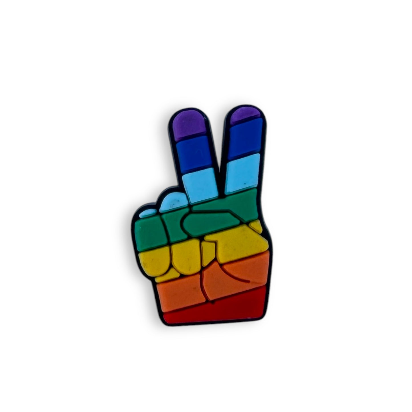 Clog charm of a hand making a peace sign filled with colored diagonal stripes.