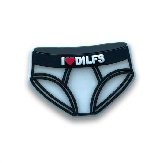 Clog charm of men's white brief underwear with the phrase: I heart DILFS, on the waistband. The heart is a red heart icon.