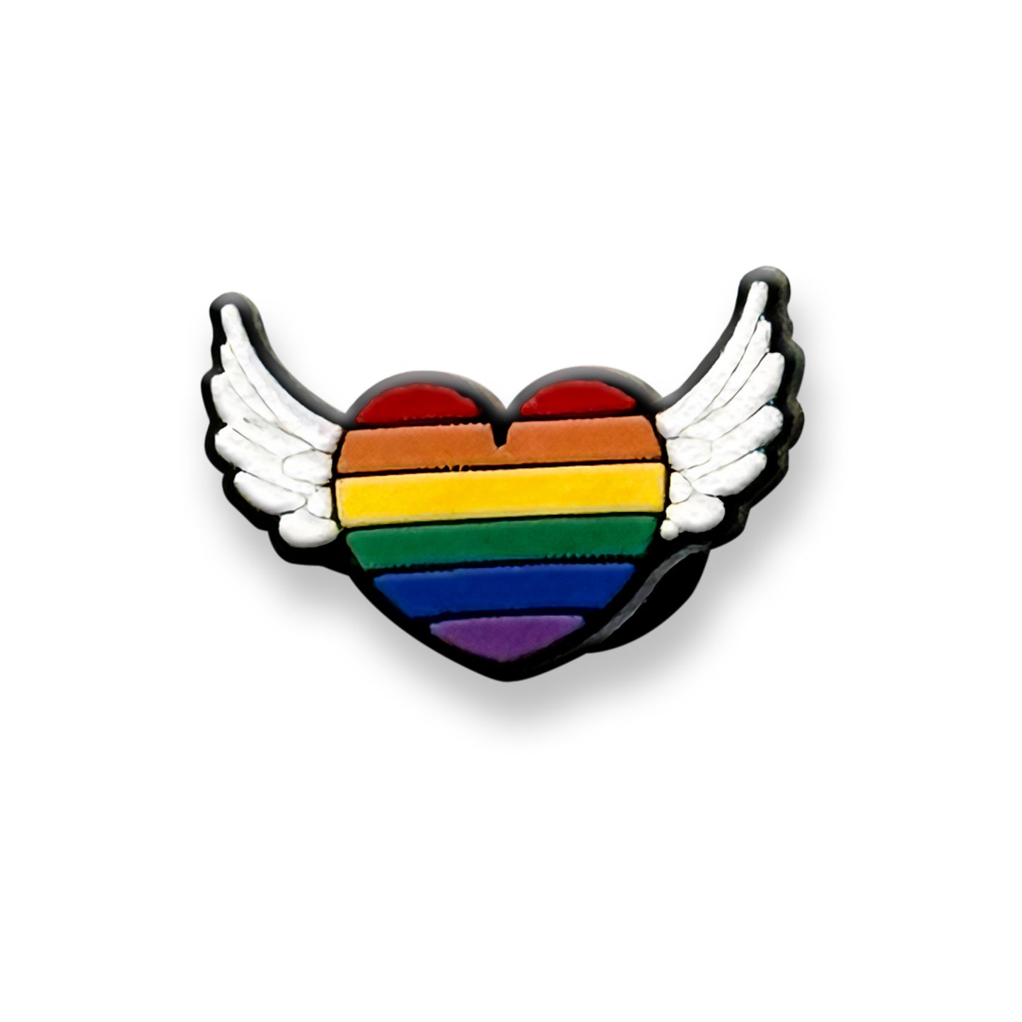 Heart-shaped clog charm with horizontal rainbow stripes and white wings.