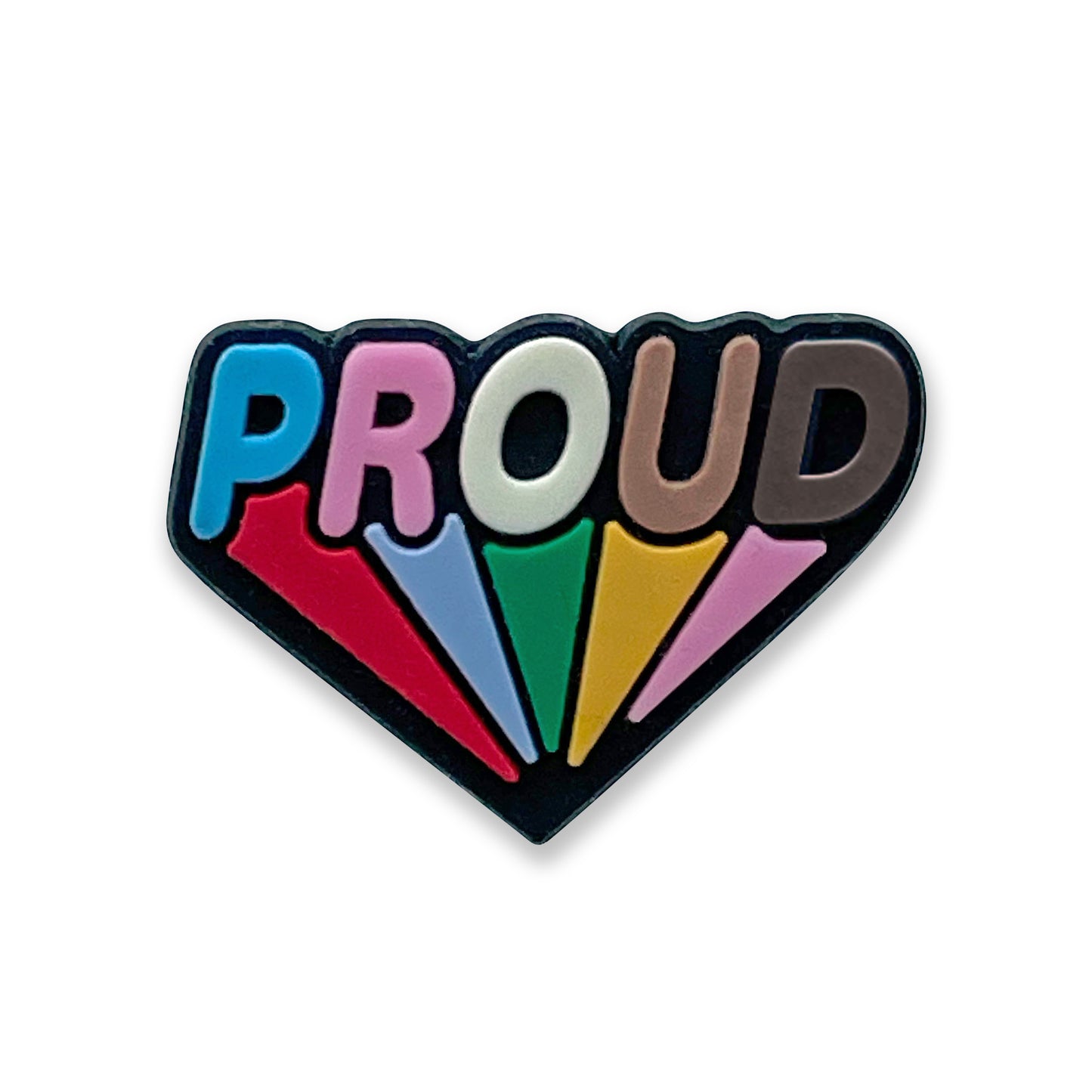 Clog charm of the word PROUD in different colored capital letters.