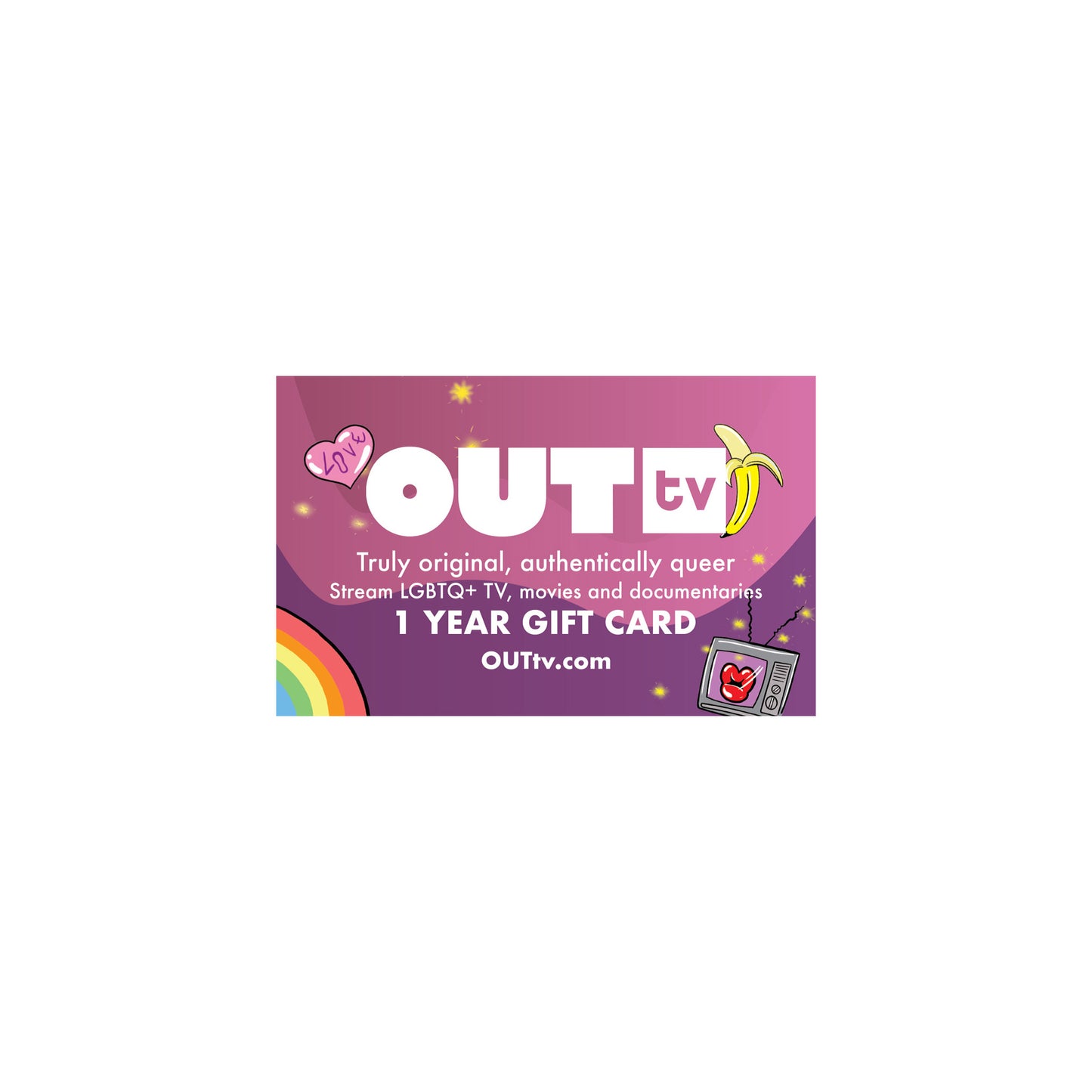 Pink and purple one year gift card with OUT TV logo.