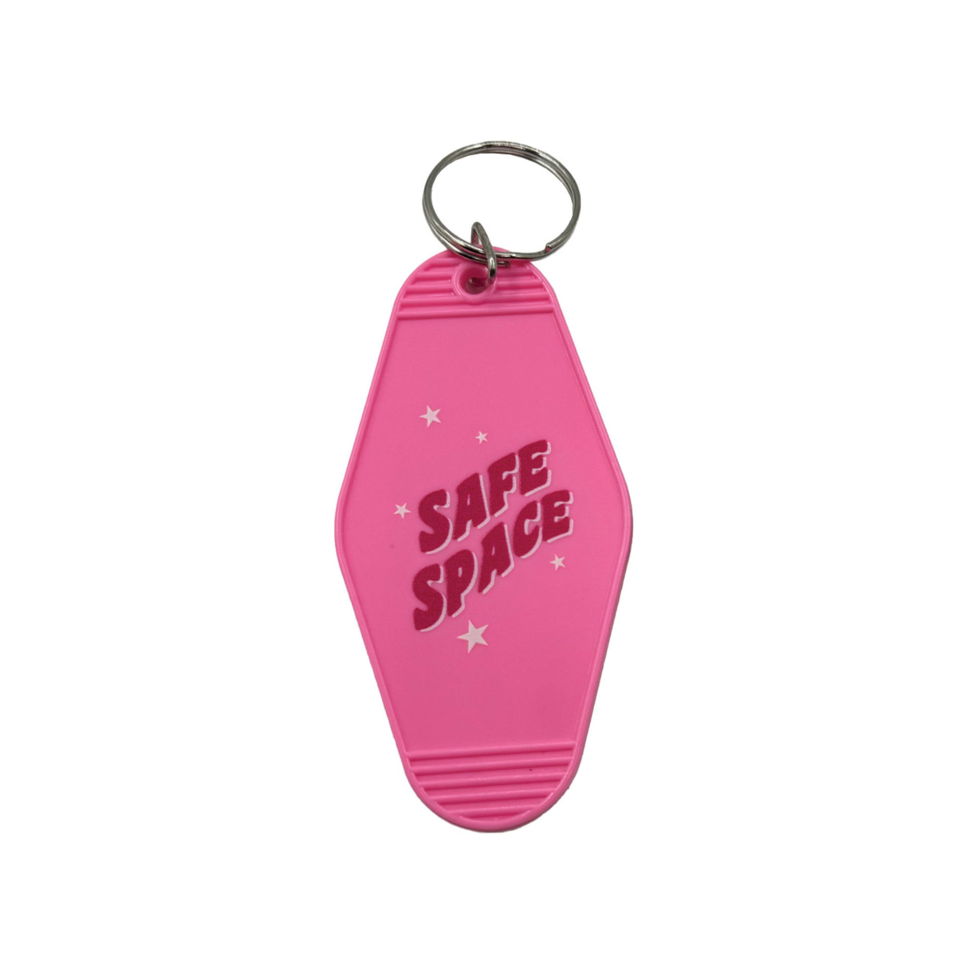 Pink vintage-shaped motel keychain with the text: SAFE SPACE in dark red.