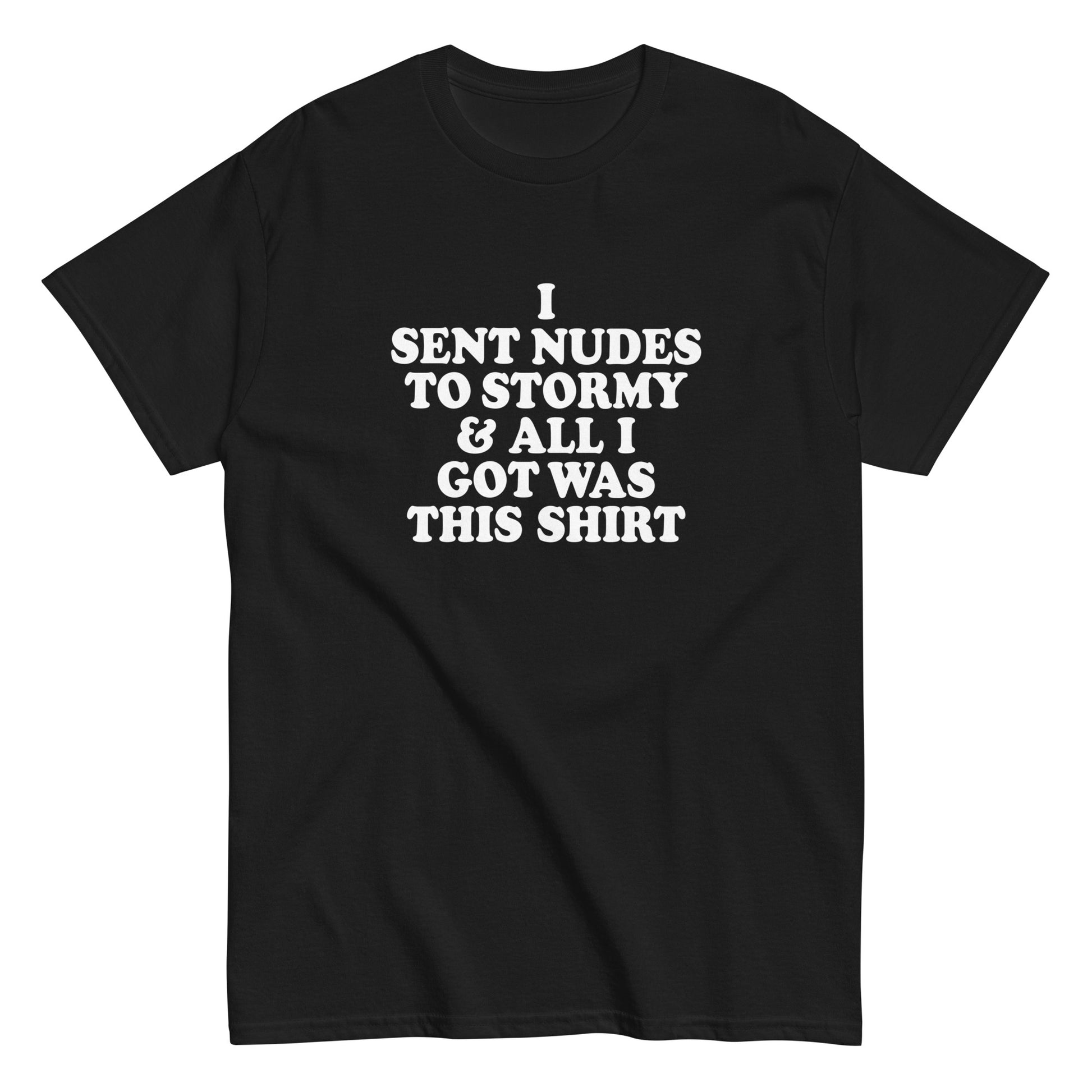 Flat view of black shirt, with white font.