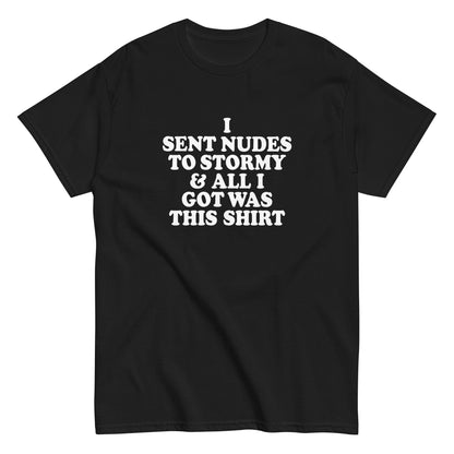 Flat view of black shirt, with white font.