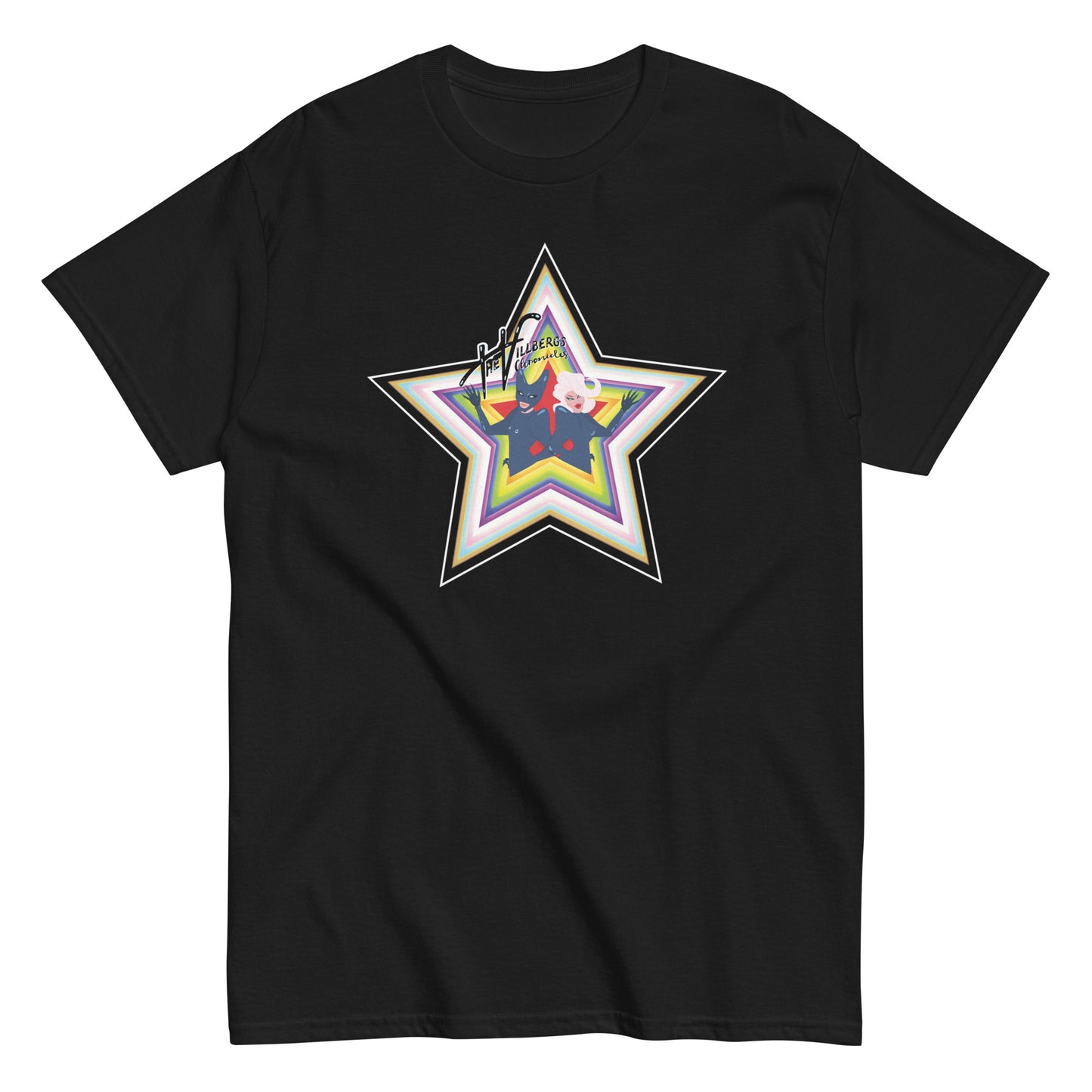 Black shirt with pride star, flat view.