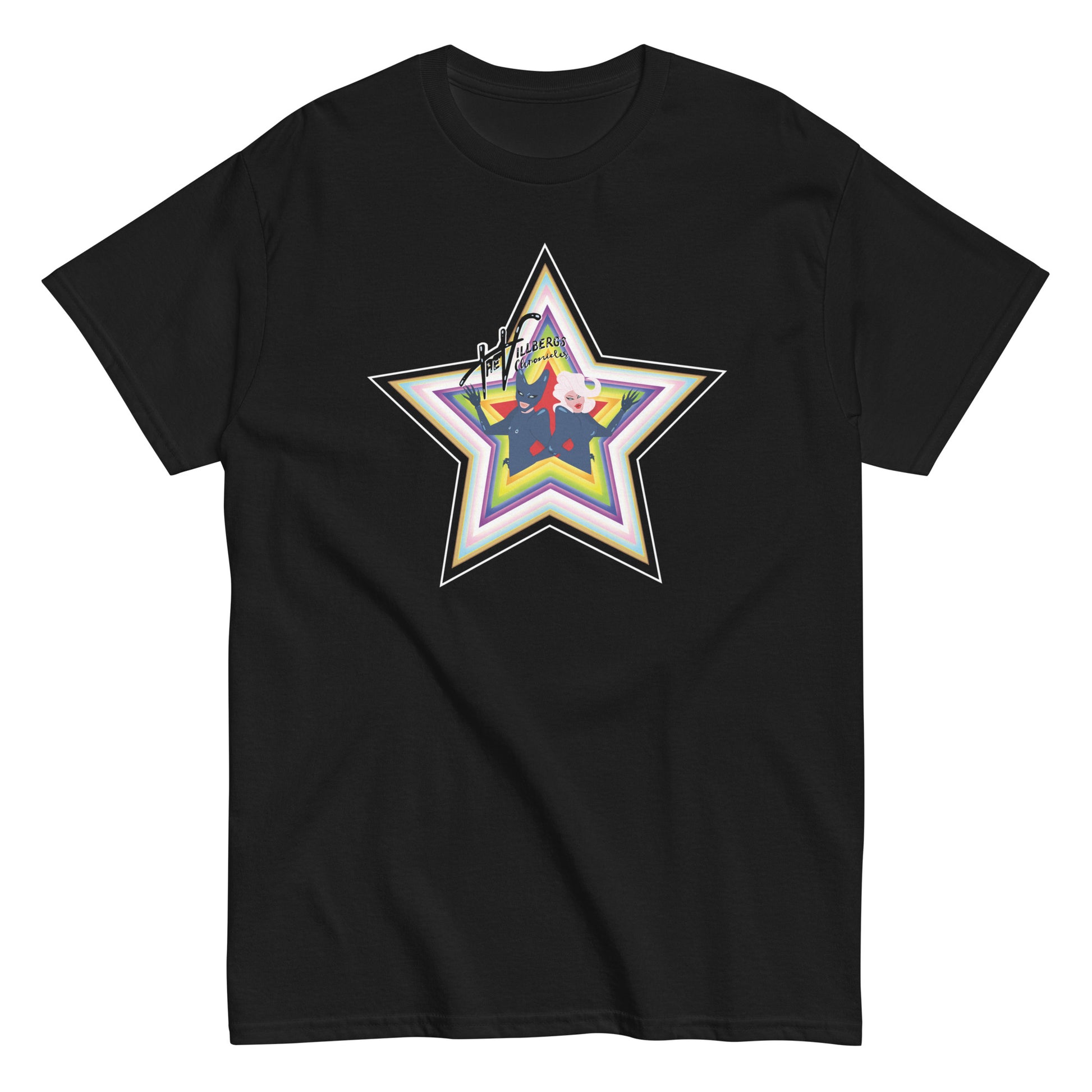 Black shirt with pride star, flat view.
