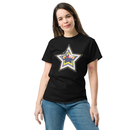 Female model wears black Villbergs pride star shirt.