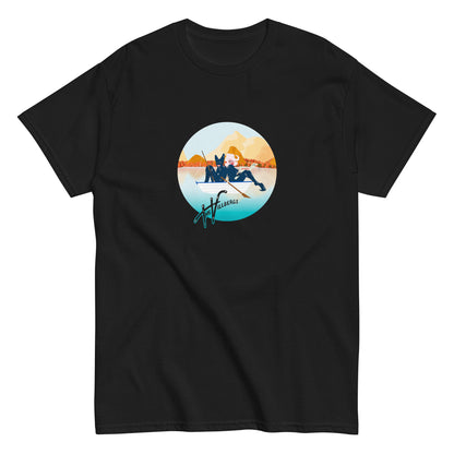 Black T-shirt, flat view. Villbergs in a row boat.