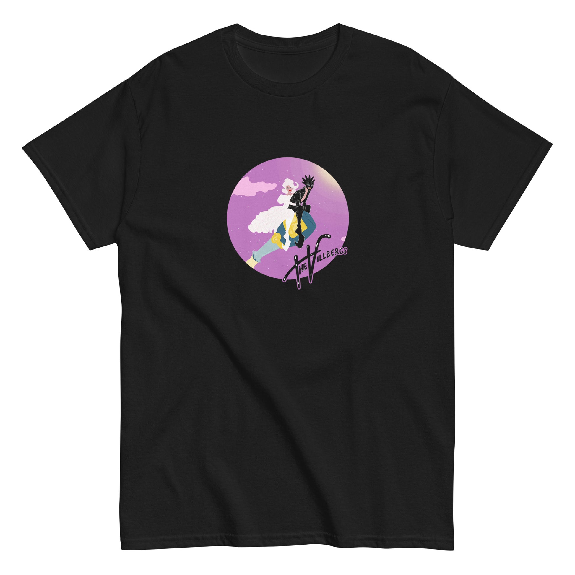 Black T-shirt, flat view. Villbergs riding champagne bottle.