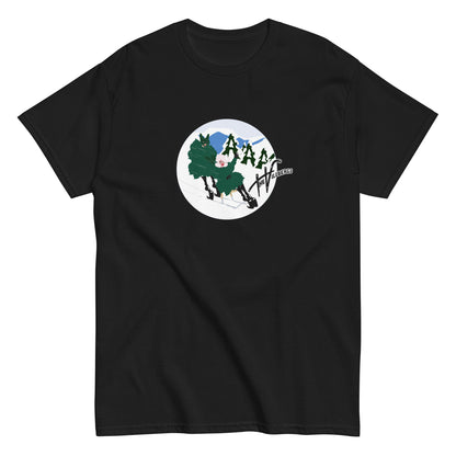 Black T-shirt, flat view. With The Villbergs winter cartoon.