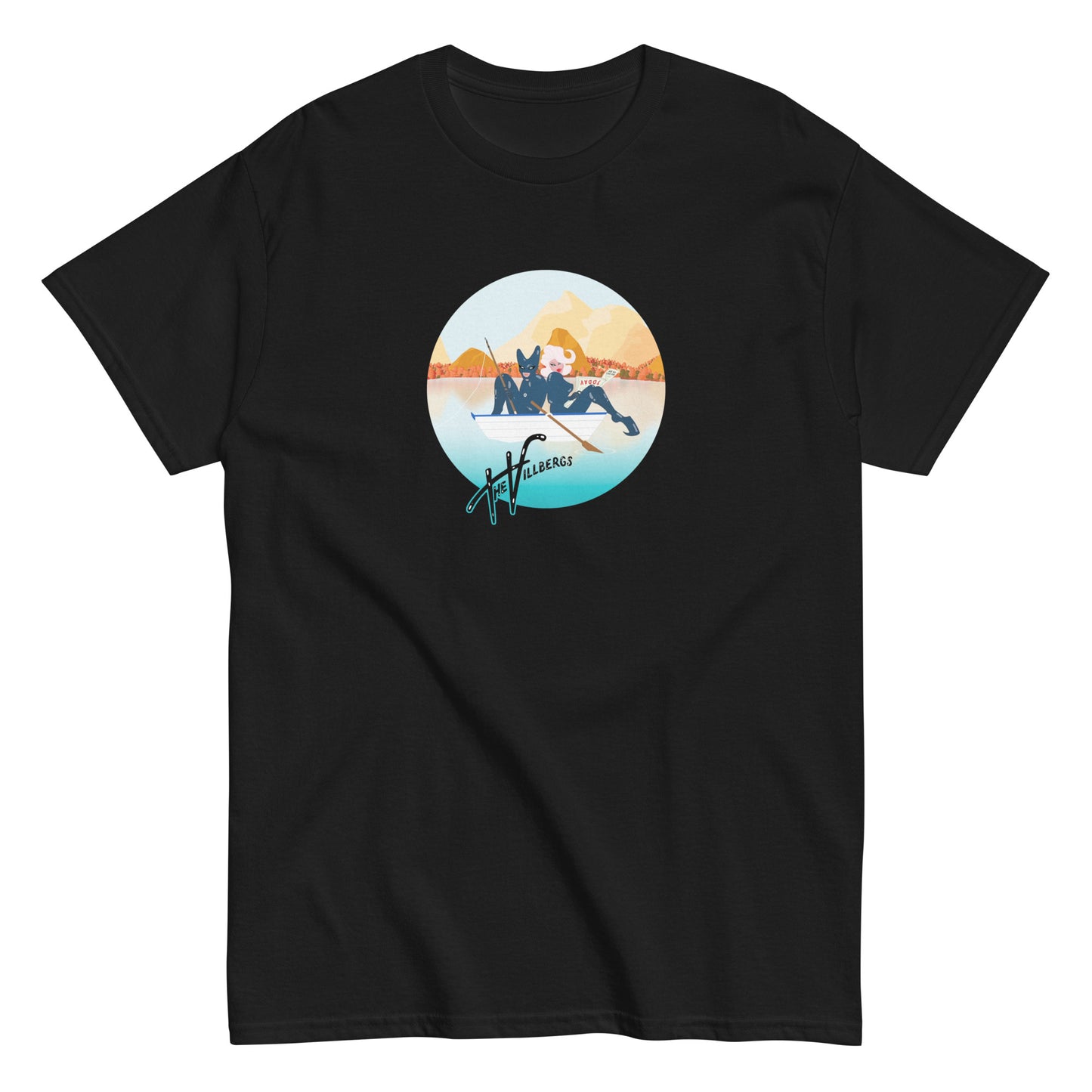 Black T-shirt, flat view. Villbergs in a row boat.