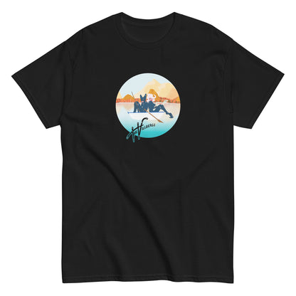 Black T-shirt, flat view. Villbergs in a row boat.