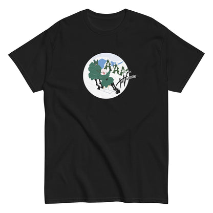 Black T-shirt, flat view. With The Villbergs winter cartoon.