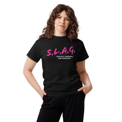 Model in black tee that reads "slag" in bright pink above the phrase: sexually liberated and gorgeous.