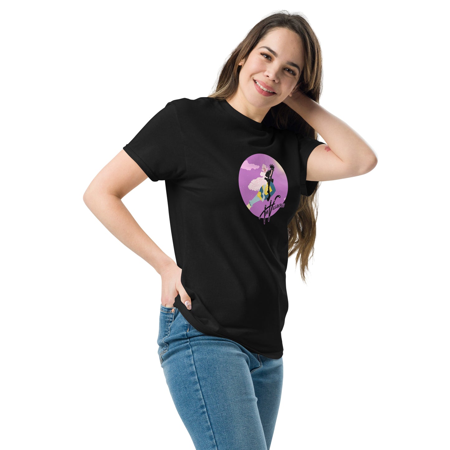 Model wears black T-shirt of Villbergs riding champagne bottle.