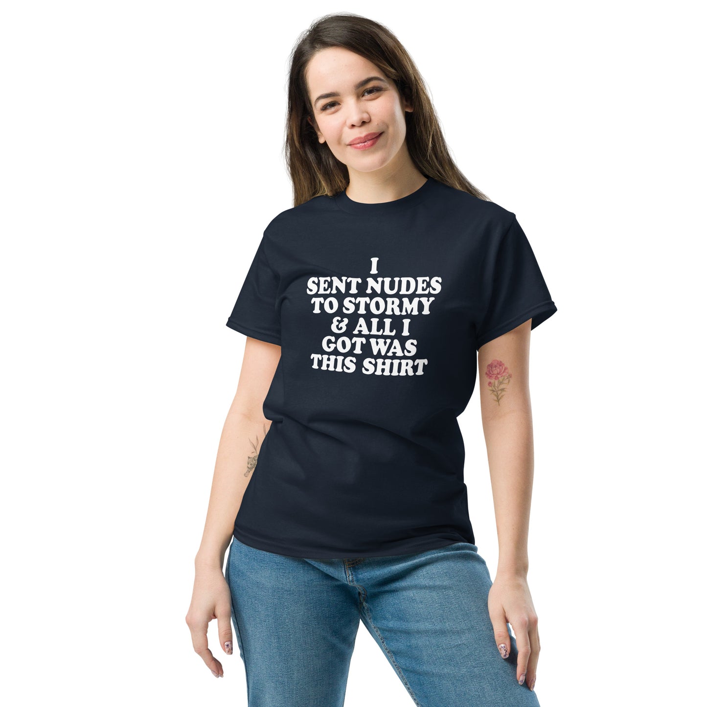 Navy blue shirt, white font, on female model.