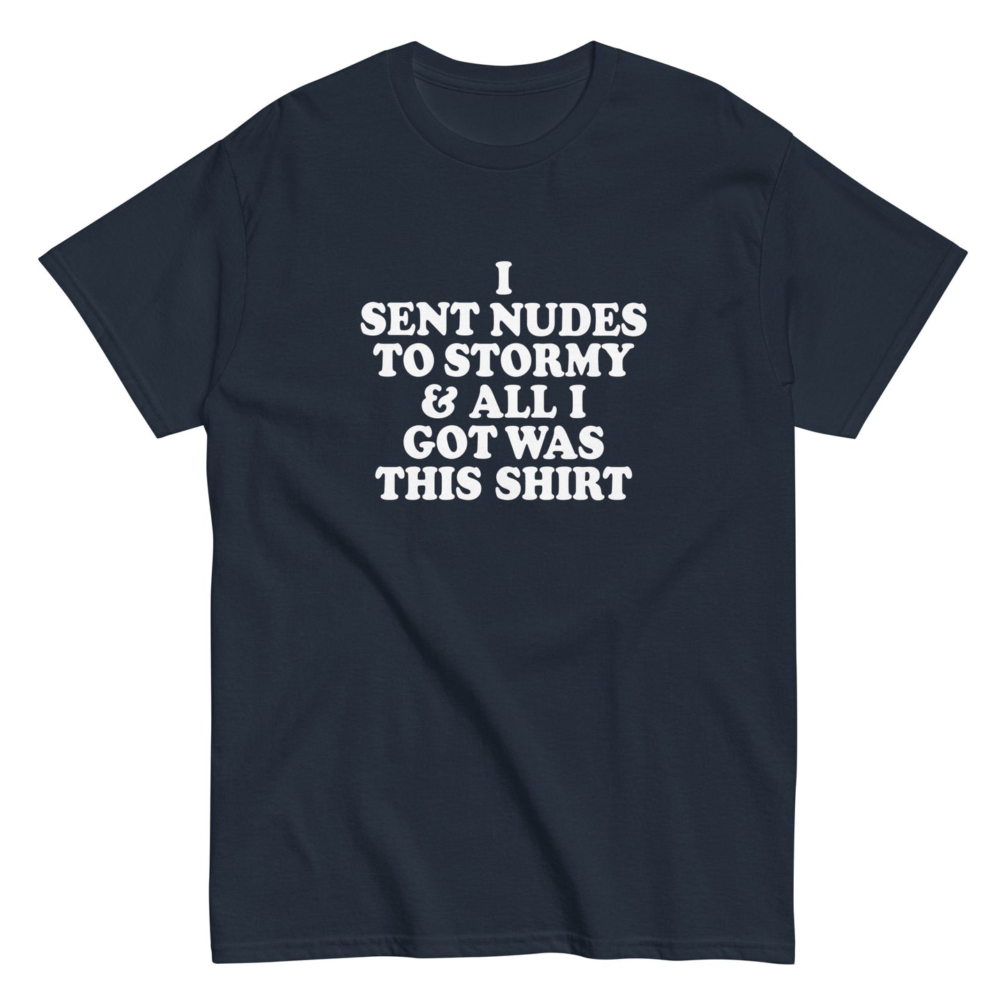 Flat view of navy blue tee with white font.