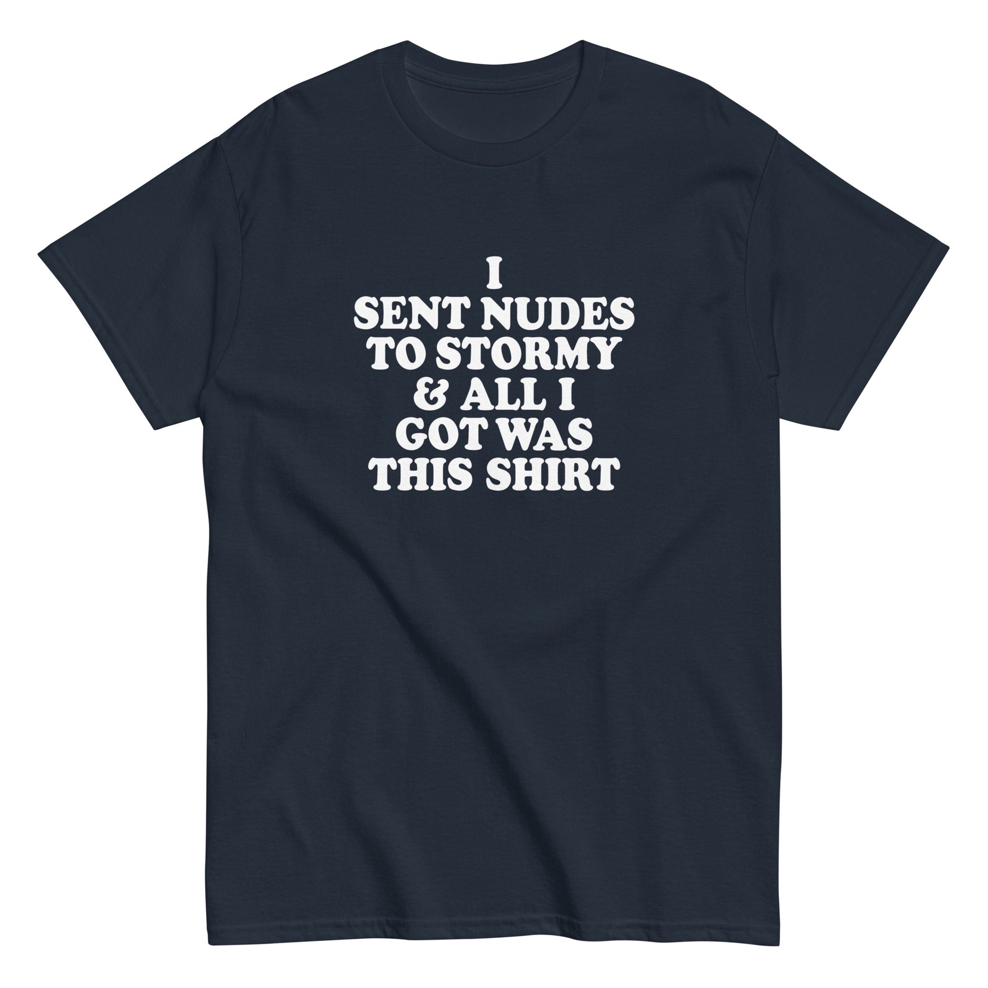 Flat view of navy blue tee with white font.