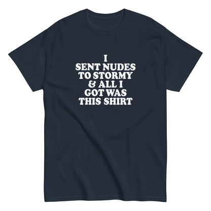 Flat view of navy blue tee with white font.