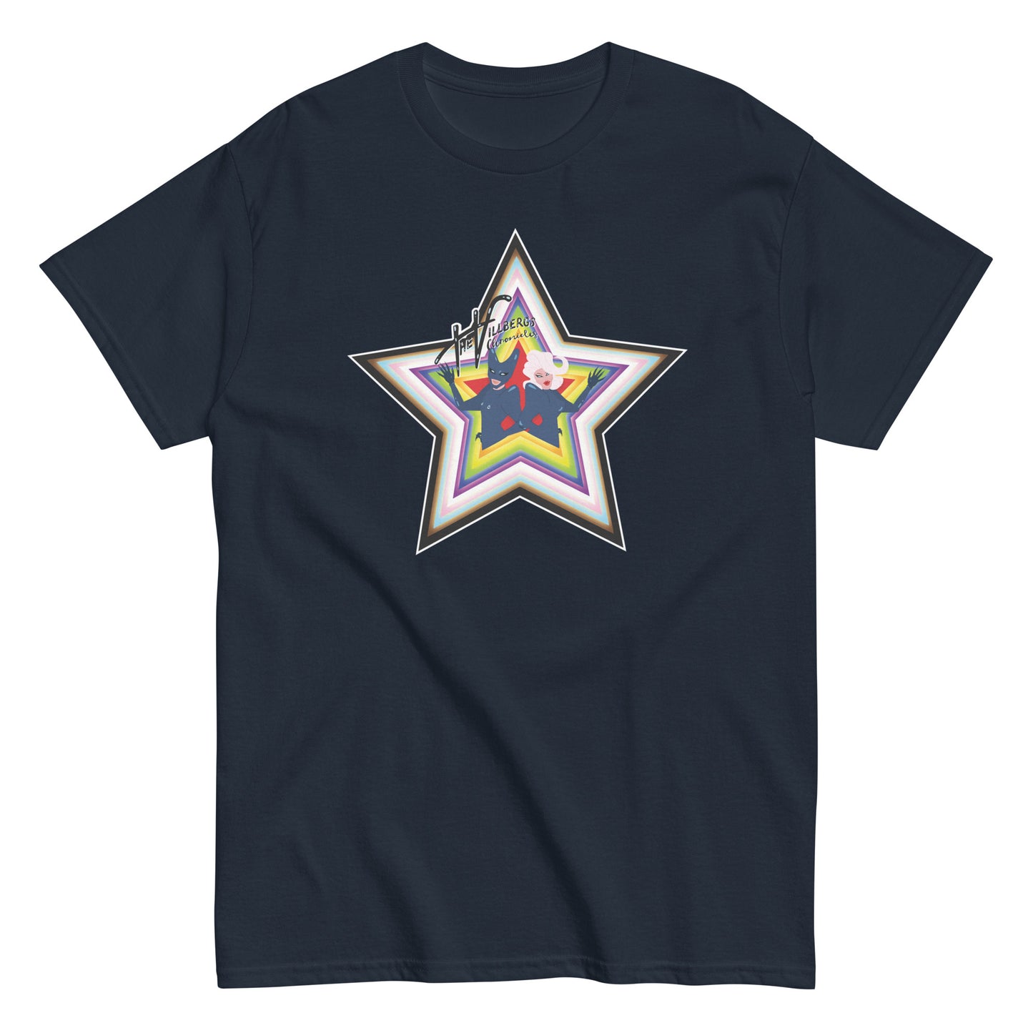 Navy shirt with pride star.