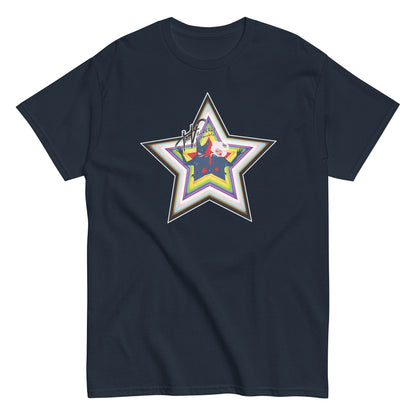 Navy shirt with pride star.