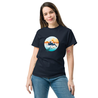 Female model in Navy tee with cartoon of the Villbergs in a row boat, inside a circle, with The Villbergs wordmark.