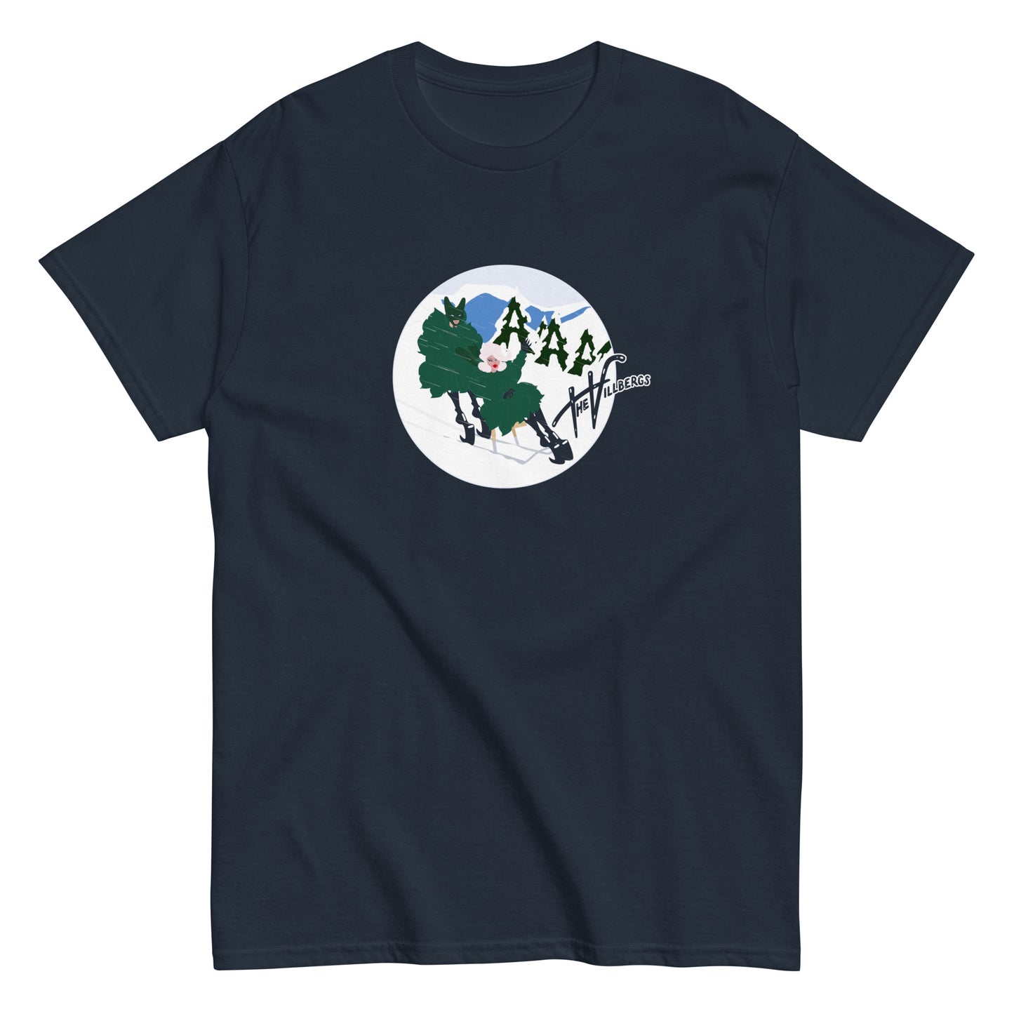 Navy T-shirt, flat view. With The Villbergs winter cartoon.