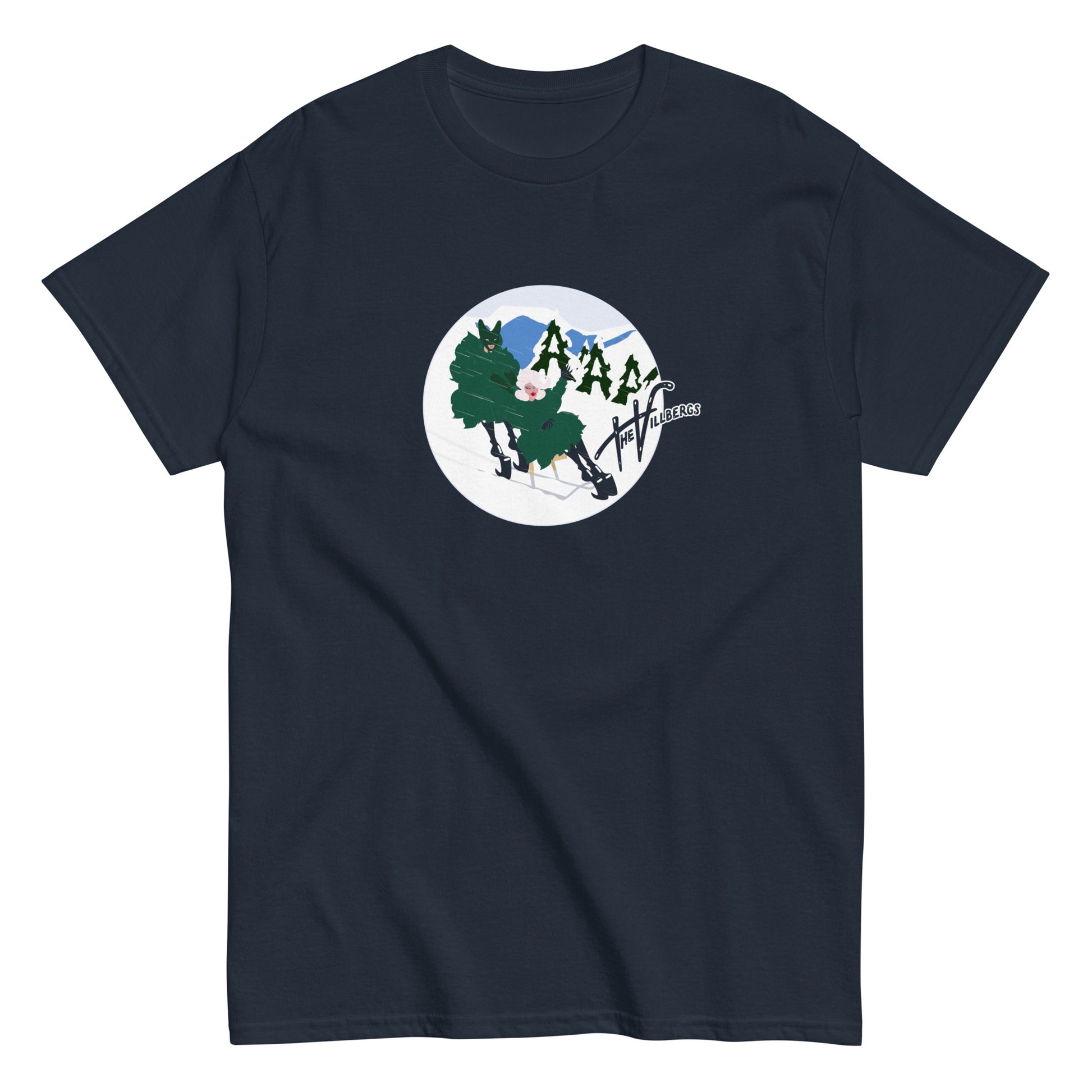 Navy T-shirt, flat view. With The Villbergs winter cartoon.