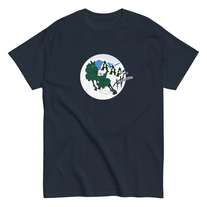 Navy T-shirt, flat view. With The Villbergs winter cartoon.