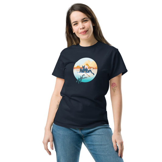 Female model in Navy tee with cartoon of the Villbergs in a row boat, inside a circle, with The Villbergs wordmark.